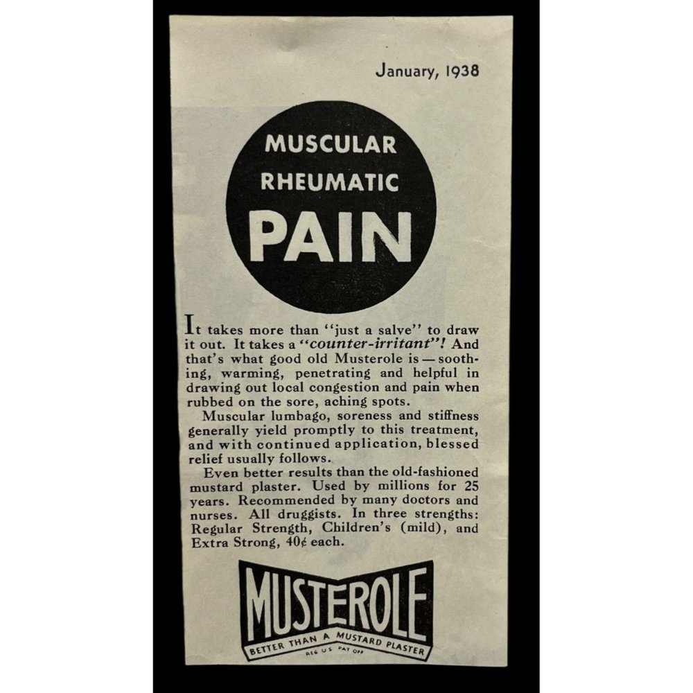 Musterole Pain Relief 1938 Vintage Print Ad Mustard Plaster